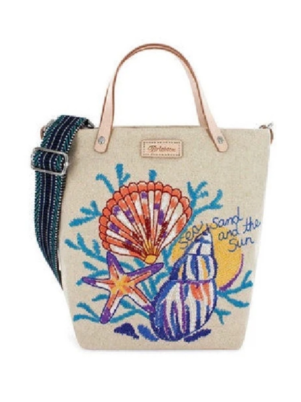 Brighton Sea Sand And The Sun Shell Embroidered Tote Bag with Striped Strap